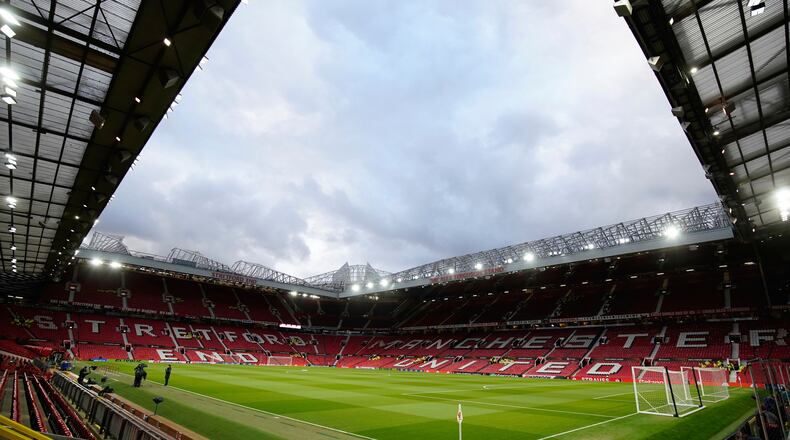 FILE - The Old Trafford stadium is seen before the Europa League soccer match between Manchester United and Real Sociedad in Manchester, England, March 13, 2025. (AP Photo/Dave Thompson, File)