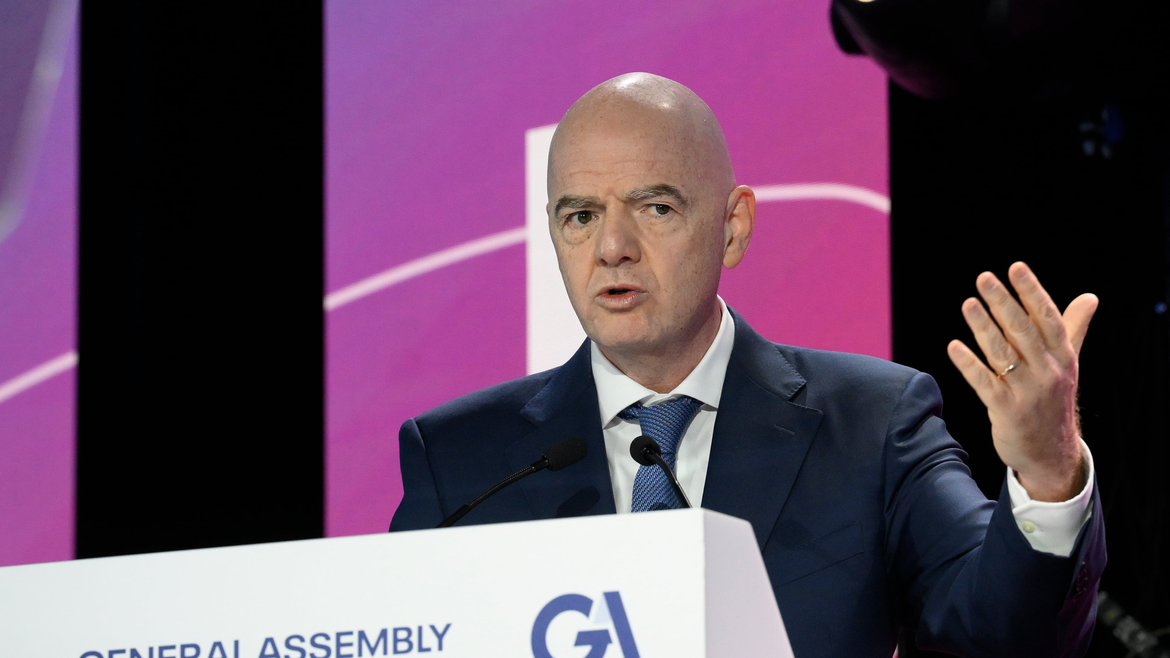 FIFA President Gianni Infantino speaks during the 32nd European Football Clubs General Assembly in Rome, Italy, Thursday Oct. 9, 2025. (Fabrizio Corradetti/LaPresse via AP)