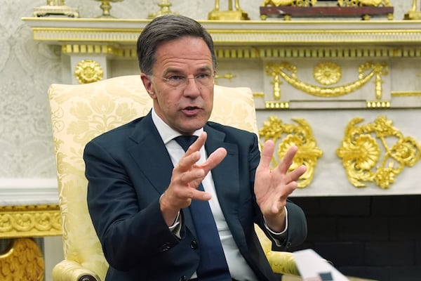 NATO Secretary General Mark Rutte speaks during a meeting with President Donald Trump in the Oval Office of the White House, Monday, July 14, 2025, in Washington. (AP Photo/Evan Vucci)