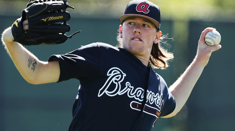 Braves left-handed pitcher Kolby Allard loosens his arm on Sunday, Feb 18, 2018, at the ESPN Wide World of Sports Complex in Lake Buena Vista, Fla. (Curtis Compton/Atlanta Journal-Constitution/TNS)