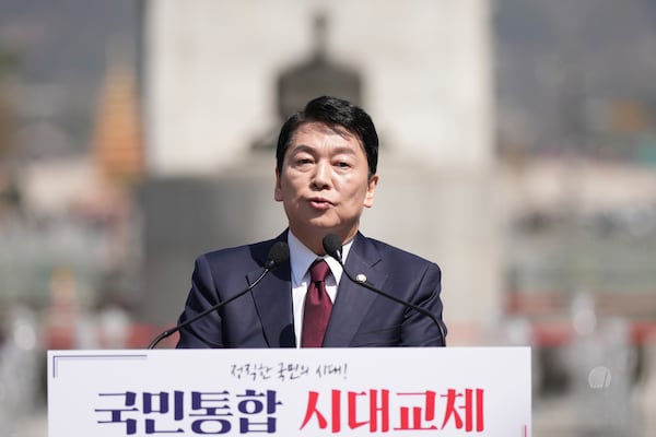 Ahn Cheol-soo, a lawmaker of the People Power Party, speaks during a press conference to announce his candidacy in the presidential election in Seoul, South Korea, Tuesday, April 8, 2025. (AP Photo/Lee Jin-man)