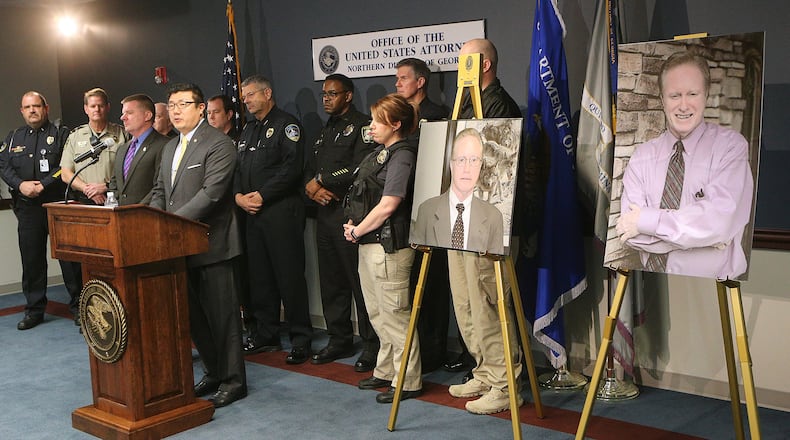 U.S. Attorney Byung J. “BJay” Pak and law enforcement officials announce that Dr. Joseph L. Burton (seen in displayed photographs) has been indicted along with seven other individuals by a federal grand jury on charges of illegal distribution of opioid painkillers and other drugs at the Richard Russell Federal Courthouse on Thursday, March 1, 2018, in Atlanta. Curtis Compton/ccompton@ajc.com