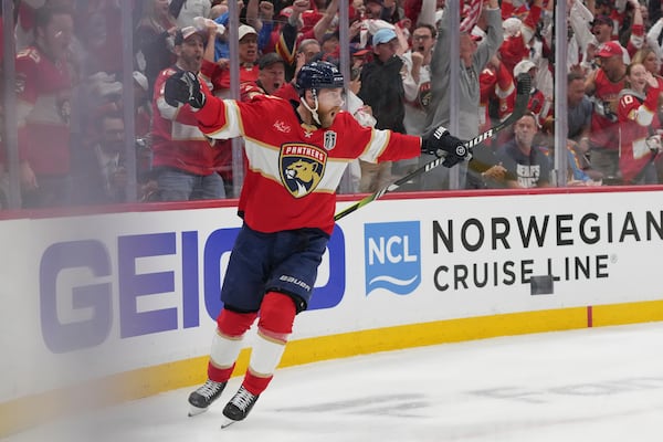 Florida Panthers center Sam Bennett (9) celebrates after scoring a goal during the second period of Game 3 of the NHL Stanley Cup final against the Edmonton Oilers Monday, June 9, 2025, in Sunrise, Fla. (AP Photo/Lynne Sladky)
