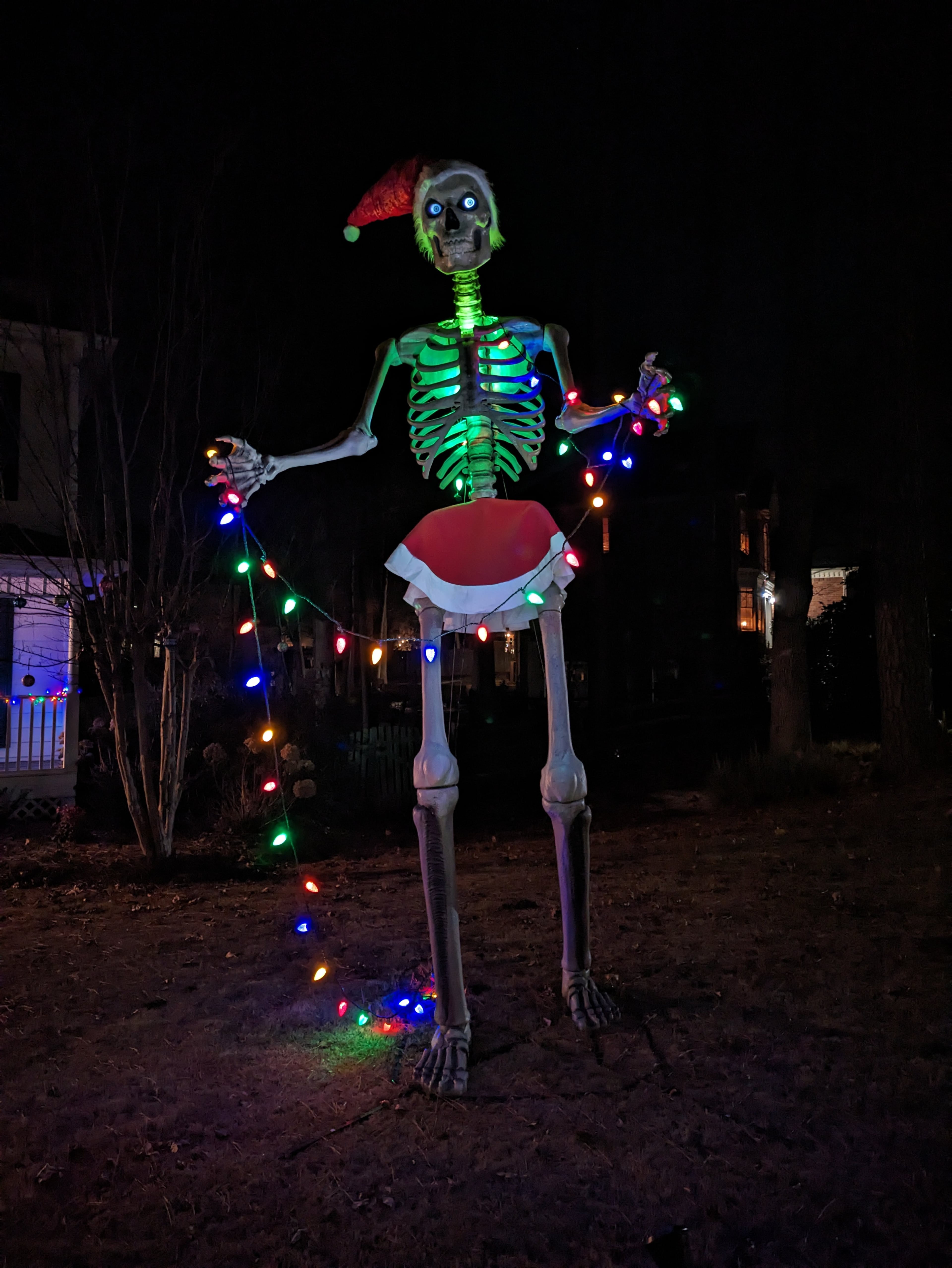 Becky Brothers keeps Skelly up after Halloween and even decorates it for Christmas, and some of her west Cobb County neighbhors aren't happy about it. (Courtesy of Becky Brothers)