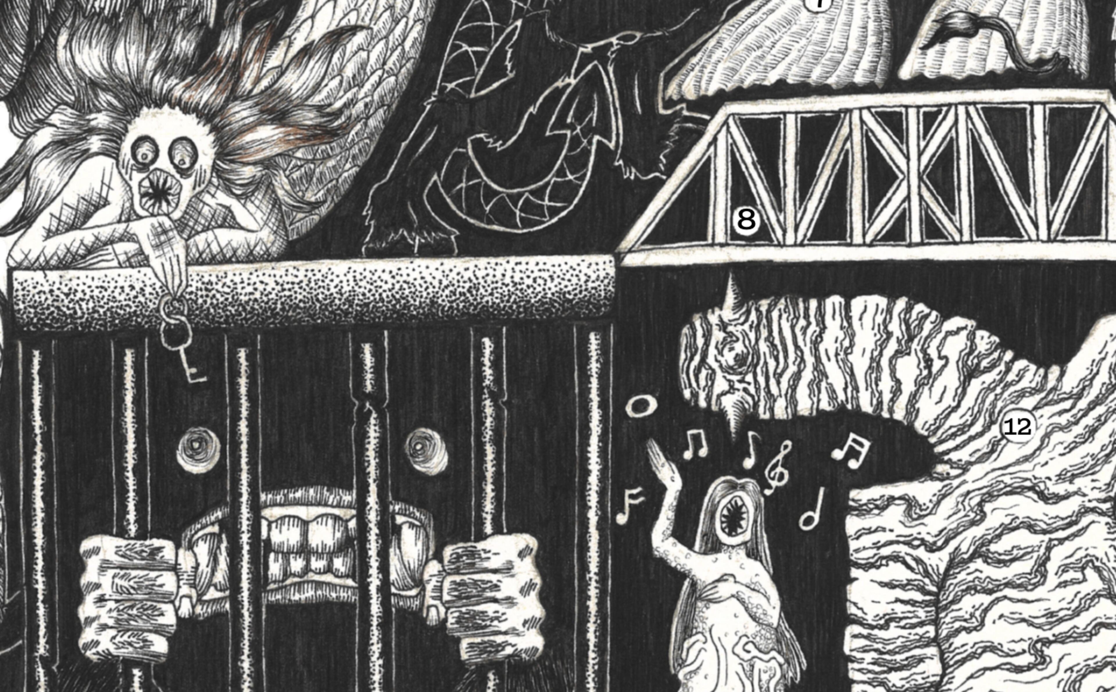 Hanna's rendering of a Pascagoula elephant man is on the right.