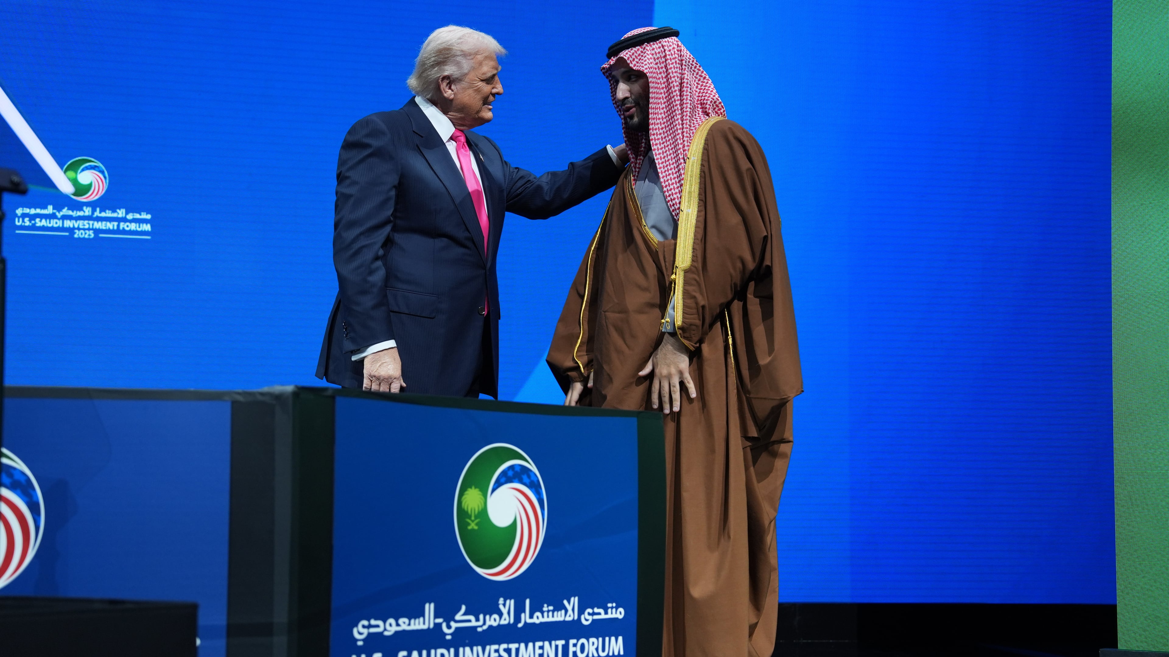 President Donald Trump speaks with Saudi Arabia's Crown Prince Mohammed bin Salman during the Saudi Investment Forum at the Kennedy Center, Wednesday, Nov. 19, 2025, in Washington. (AP Photo/Evan Vucci)
