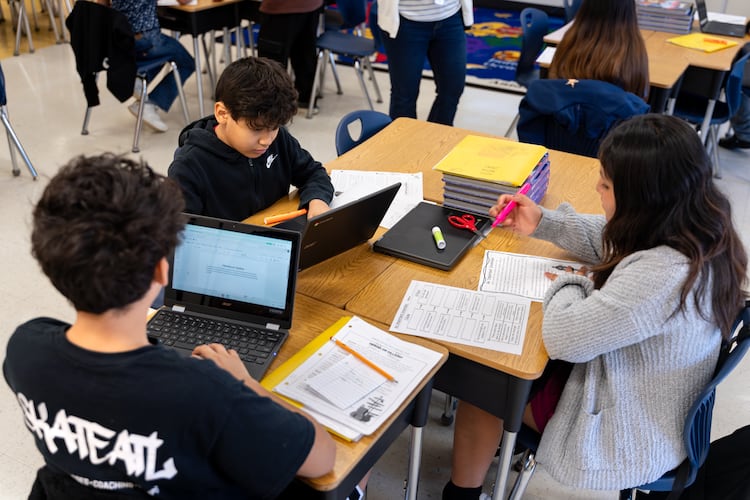 Vickery Mill Elementary School fifth grade students work together during a reading and writing class Thursday, March 5, 2026. (Ben Hendren for the AJC)