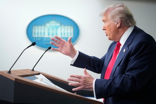 President Donald Trump speaks with reporters in the James Brady Press Briefing Room at the White House, Monday, Aug. 11, 2025, in Washington. (Mark Schiefelbein/AP)