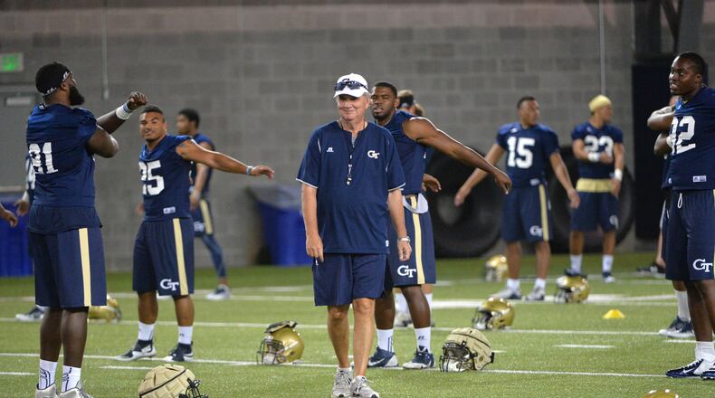 August 4, 2016 Atlanta - Georgia Tech Yellow Jackets head coach Paul Johnson smiles during the first day of practice at Rose Bowl Field in Georgia Tech campus on Thursday, August 4, 2016. HYOSUB SHIN / HSHIN@AJC.COM