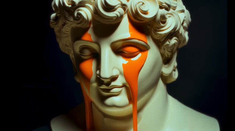 Filmmaker Rod Cauhi created a concept film titled “Paint Like an Artist” entirely using AI. An avalanche of paint transforms a museum, covering classic works with vibrant colors. The film is a finalist in the ad category at the inaugural Atlanta International AI Film Festival on Saturday, March 22, 2025. (Courtesy of the Atlanta International AI Film Festival)