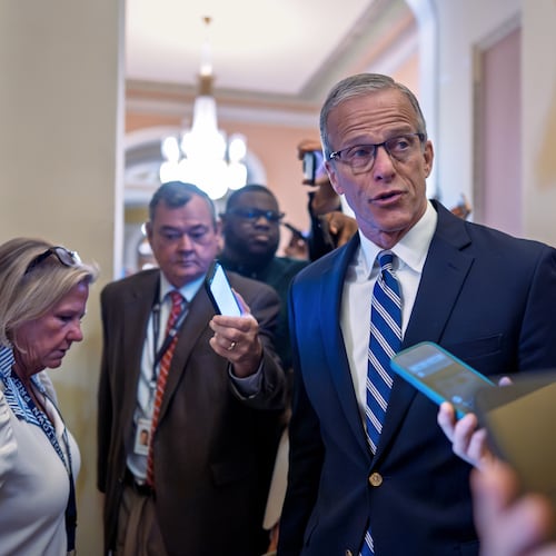 Senate Majority Leader John Thune, R-S.D., pauses for questions from reporters before votes on the immigration enforcement funding package, at the Capitol in Washington, Thursday, June 4, 2026. (AP Photo/J. Scott Applewhite)
