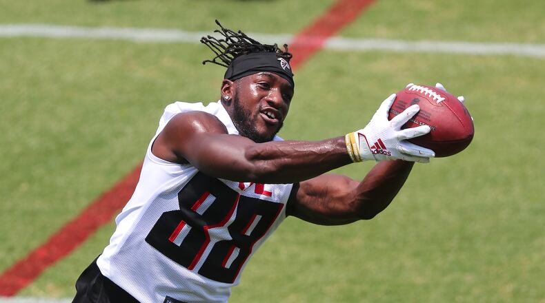 Falcons rookie wide receiver Frank Darby (out of Arizona State) catches a pass during organize team activities (OTAs) Tuesday, May 25, 2021, at the team training facility in Flowery Branch. (Curtis Compton / Curtis.Compton@ajc.com)