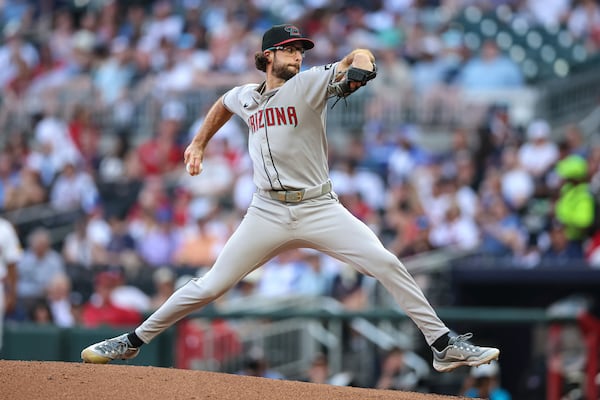Arizona Diamondbacks pitcher Zac Gallen delivers in the second inning of a baseball game against the Atlanta Braves, Tuesday, June 3, 2025, in Atlanta. (AP Photo/Colin Hubbard)