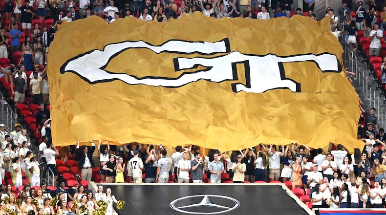 September 5, 2022 Atlanta - Georgia Tech fans cheer during the second half of Chick-fil-A Kickoff Game at Mercedes-Benz Stadium in Atlanta on Monday, September 5, 2022. Clemson won 41-10 over Georgia Tech. (Hyosub Shin / Hyosub.Shin@ajc.com)