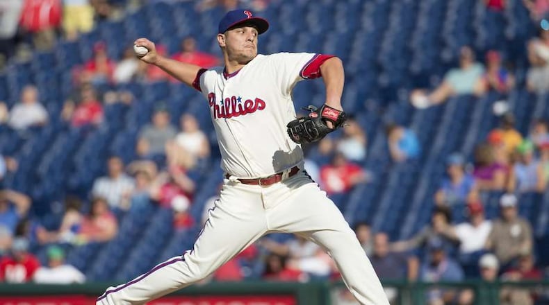 David Hernandez posted a 3.84 ERA in 70 appearances for the Phillies in 2016 and had 80 strikeouts in 72 2/3 innings. Here he delivers a pitch against the Braves in a Sept. 4 game. Hernandez signed a minor league deal with the Braves on Sunday. (AP photo)