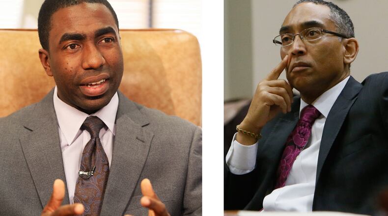 DeKalb taxpayers are paying the salaries of both interim CEO Lee May (left) and suspended CEO Burrell Ellis.