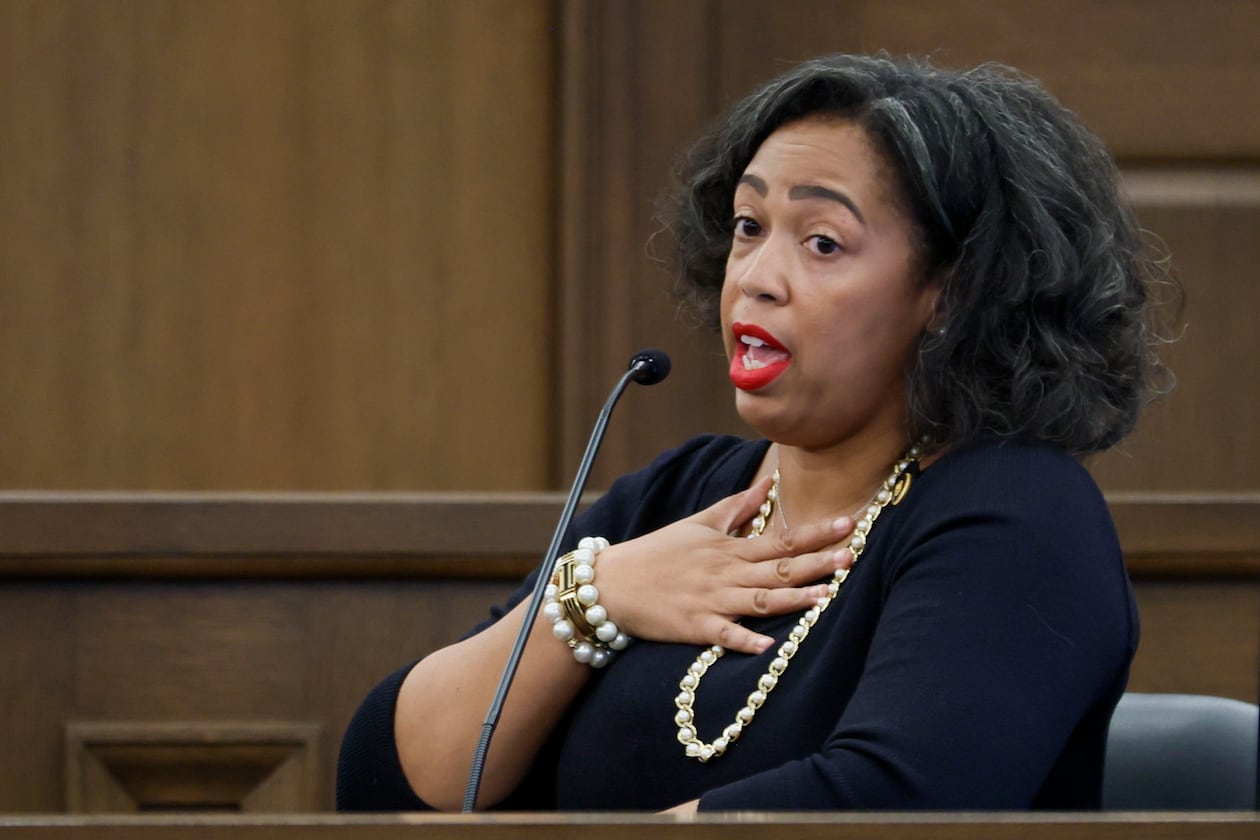 Fulton County Superior Court Judge Shermela Williams presents her arguments on the witness stand Wednesday, May 21, 2025, the first day of trial at the Nathan Deal Judicial Center. She faces over 30 counts of misconduct. (Miguel Martinez/ AJC)