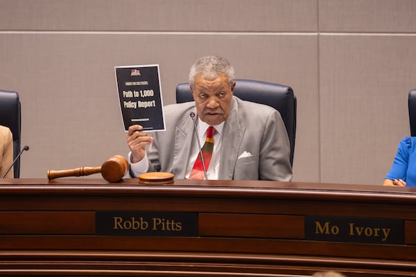 Fulton County Board of Commissioners Chairman Robb Pitts speaks on a proposed plan to lower the population of the Fulton County Jail. Wednesday, March 3, 2026. (Ben Hendren for the AJC)
