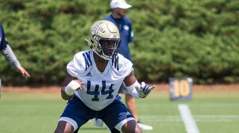 Georgia Tech linebacker Quez Jackson (44) participates in drills. (Alyssa Pointer/alyssa.pointer@ajc.com)