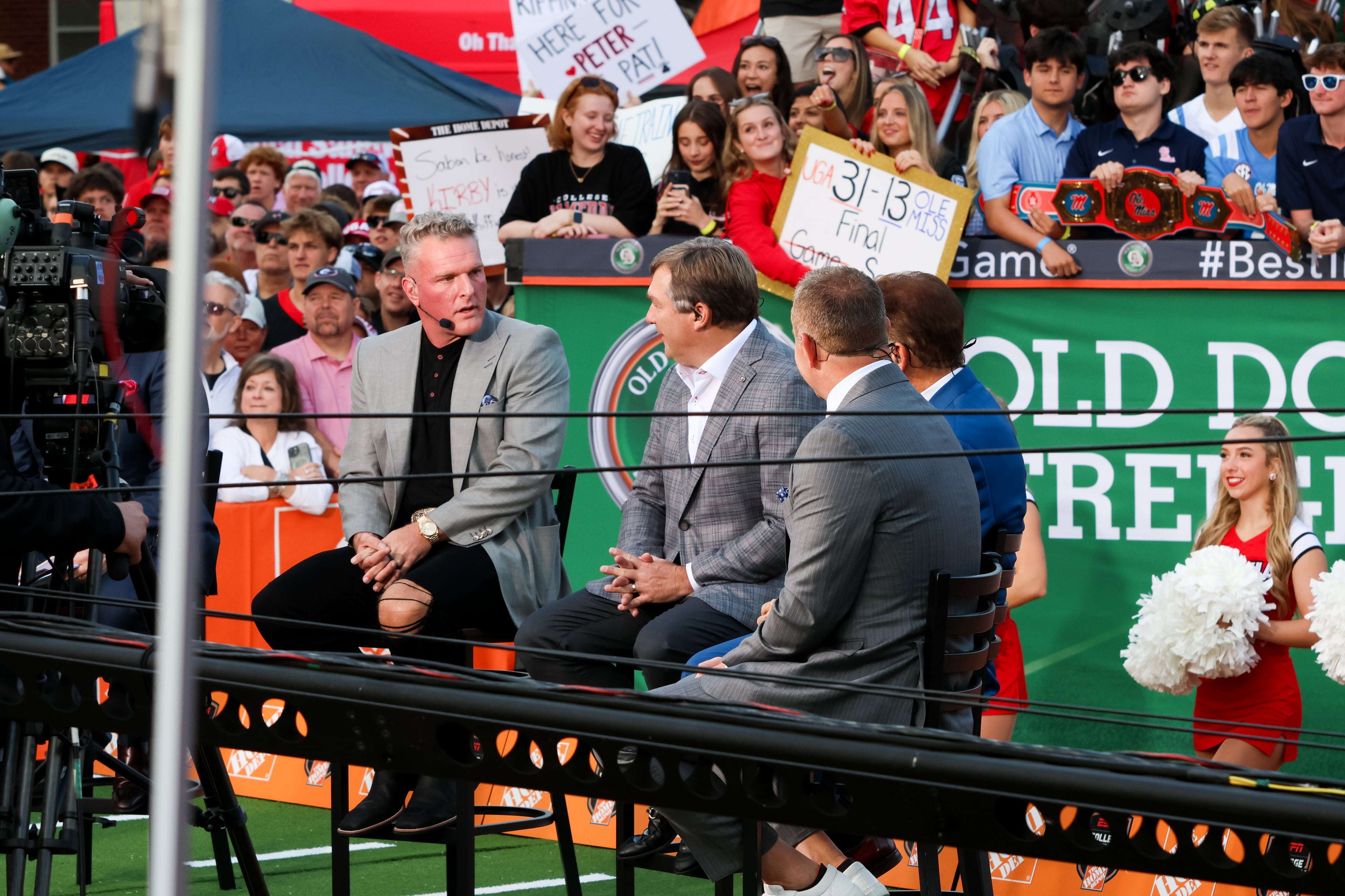 Pat McAfee (left) interviews UGA head football coach Kirby Smart during the ESPN College GameDay broadcast from Myers Quad at UGA on Saturday, Oct. 18, 2025. (C.J. Bartunek for the AJC)