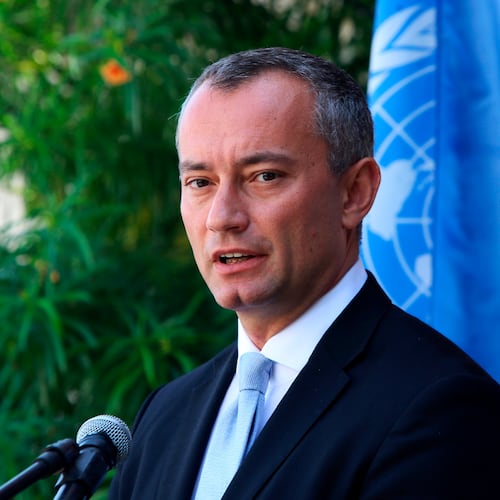 FILE - United Nations Special Coordinator for the Middle East Peace Process Nickolay Mladenov, attends a press conference at the (UNSCO) offices in Gaza City, Monday, Sept. 25, 2017. (AP Photo/Adel Hana, File)