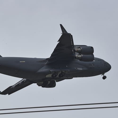 A U.S. Air Force Boeing C-17 Globemaster III transport aircraft prepares to land at Nur Khan airbase, ahead of second round of negotiations between the U.S. and Iran, in Rawalpindi, Pakistan, Monday, April 20, 2026. (AP Photo/Ehsan Shahzad)