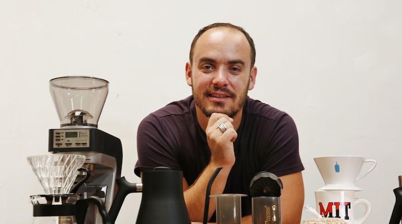 Jeremy Kuempel, CEO of Blossom Coffee, is photographed with a variety of gadgets used to brew the perfect cup of coffee at his shop on Wednesday, Aug. 16, 2017 in Brisbane, Calif. (Gary Reyes/Bay Area News Group/TNS)