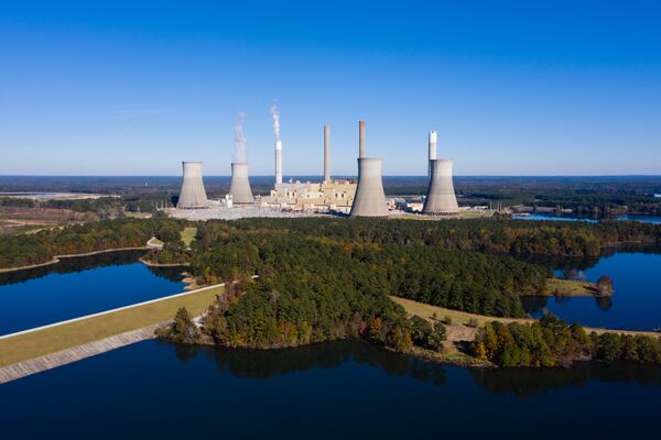 Plant Scherer, a Georgia Power plant, is seen from the air using a drone on Nov. 9, 2021, near Juliette. (Elijah Nouvelage for the AJC)