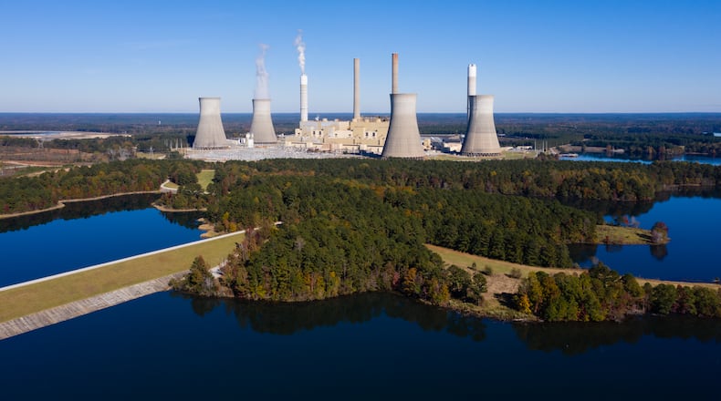 Plant Scherer, a Georgia Power plant, is seen from the air using a drone on Tuesday, November 9, 2021, near Juliette. (Elijah Nouvelage for The Atlanta Journal-Constitution)