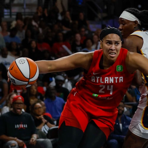 Atlanta Dream forward Brionna Jones (24) drbbles against Indiana Fever forward Natasha Howard (6) during the first half of a WNBA first-round playoff game at Gateway Center Arena on Thursday, Sept. 18, 2024, in Atlanta. (Miguel Martinez/ AJC)