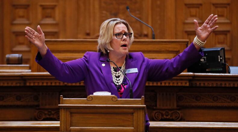 State Sen. Renee Unterman, R-Buford, on Wednesday protested the decision by her fellow Republicans to remove her as chairman of the Senate Health and Human Services Committee. Bob Andres, bandres@ajc.com