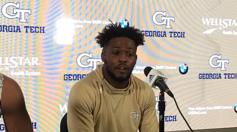 Georgia Tech A-back Clinton Lynch speaks with media after becoming the first player in school history to record 1,000 yards rushing and receiving in the win over Bowling Green September 29, 2018.