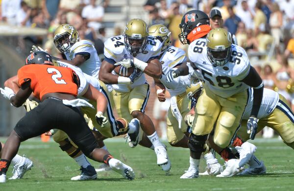 September 10, 2016 Atlanta - Georgia Tech Yellow Jackets running back Marcus Allen (24) rushes against the Mercer Bears in the first half at Bobby Dodd Stadium on Saturday, September 10, 2016. HYOSUB SHIN / HSHIN@AJC.COM