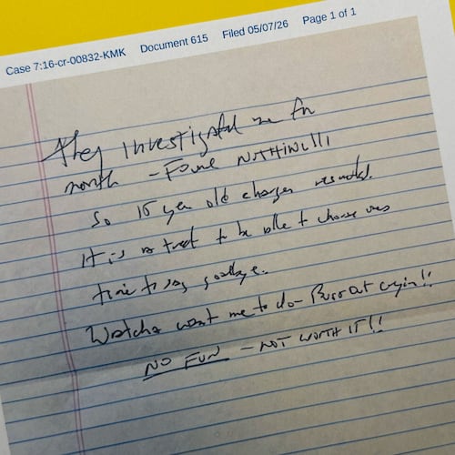 This document released May 6, 2026, by the U.S. District Court for the Southern District of New York, shows a note that Jeffrey Epstein's former cellmate said he found after Epstein's reported suicide attempt on July 23, 2019. (AP Photo/Jon Elswick)