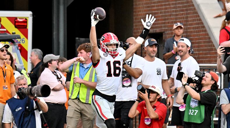 Georgia wide receiver London Humphreys celebrates after scoring a touchdown with 2:32 left in the game against Tennessee on Saturday, Sept. 13, 2025, in Knoxville, Tenn. Georgia won 44-41 in overtime to extend its winning streak over the Volunteers to nine games. (Hyosub Shin/AJC)