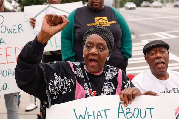 Former State Rep. “Able” Mabel Thomas and other Vine City residents gather to rally against the new Georgia Power substation being built in the neighborhood on Thursday, June 5, 2025. (Natrice Miller/ AJC)