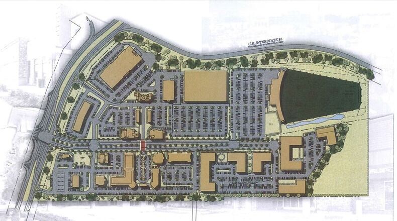 A site plan for the 64-acre mixed-use project proposed by Fuqua Development near the Mall of Georgia in Gwinnett County. VIA GWINNETT COMMISSION DOCUMENTS
