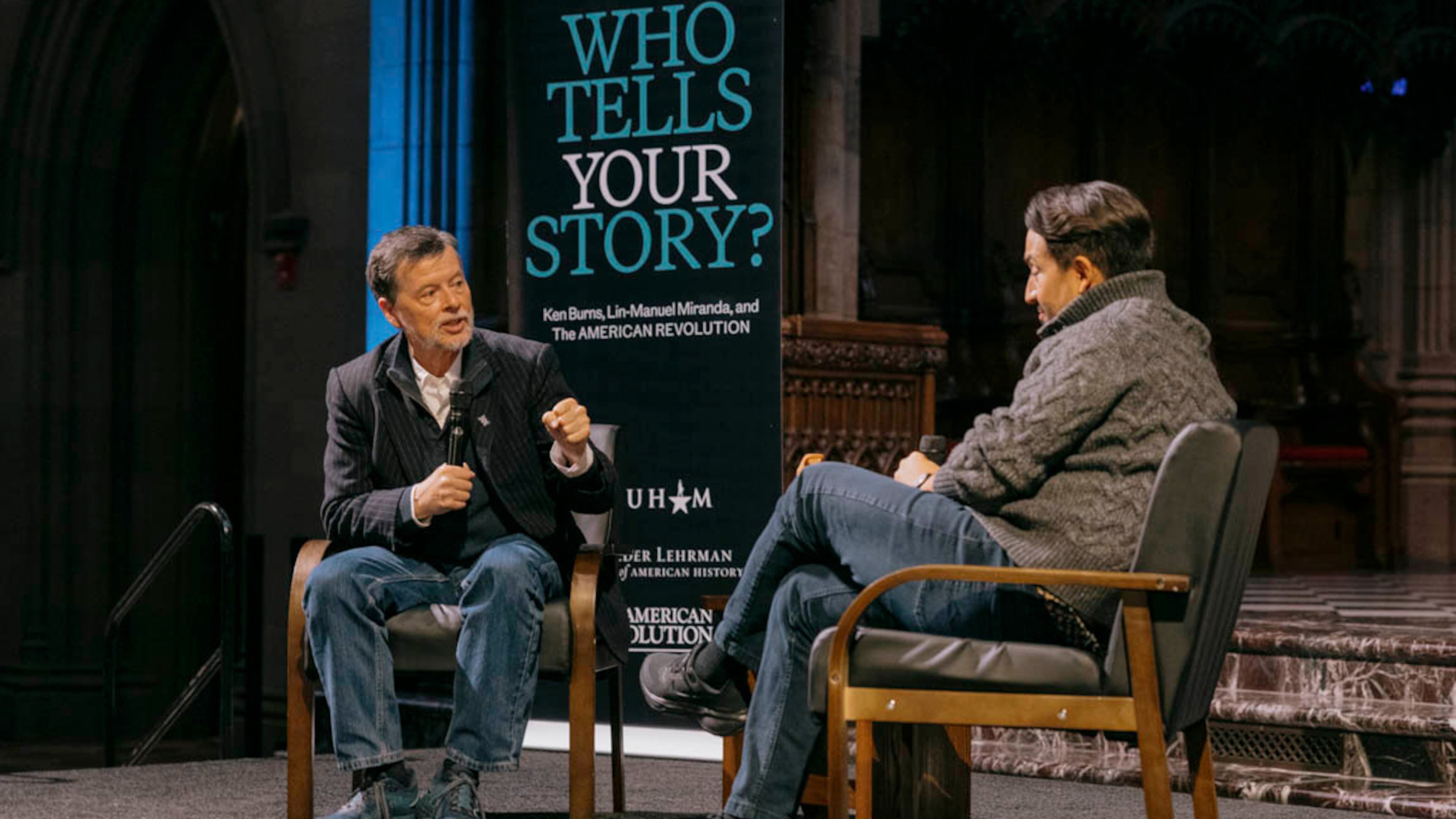 This image released by Trinity Church NYC shows Ken Burns, left, and Lin-Manuel Miranda at a “Who tells your story?” event at the church in New York on Nov. 12, 2025. (Jose A. Alvarado/Trinity Church NYC via AP)
