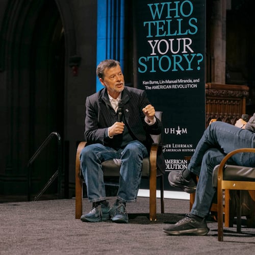 This image released by Trinity Church NYC shows Ken Burns, left, and Lin-Manuel Miranda at a “Who tells your story?” event at the church in New York on Nov. 12, 2025. (Jose A. Alvarado/Trinity Church NYC via AP)