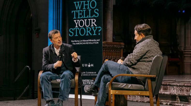 This image released by Trinity Church NYC shows Ken Burns, left, and Lin-Manuel Miranda at a “Who tells your story?” event at the church in New York on Nov. 12, 2025. (Jose A. Alvarado/Trinity Church NYC via AP)