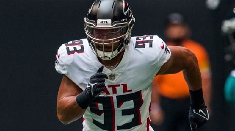 Atlanta Falcons linebacker James Vaughters (93) works during the first half of an NFL football game against the Philadelphia Eagles, Sunday, Sep. 12, 2021, in Atlanta. The Philadelphia Eagles won 32-6. (AP Photo/Danny Karnik)
