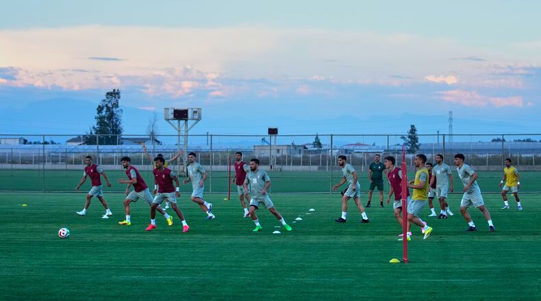 Iran's players work out during a training session, in Antalya, southern Turkey, Tuesday, June 2, 2026, ahead of the World Cup soccer tournament. (AP Photo/Khalil Hamra)