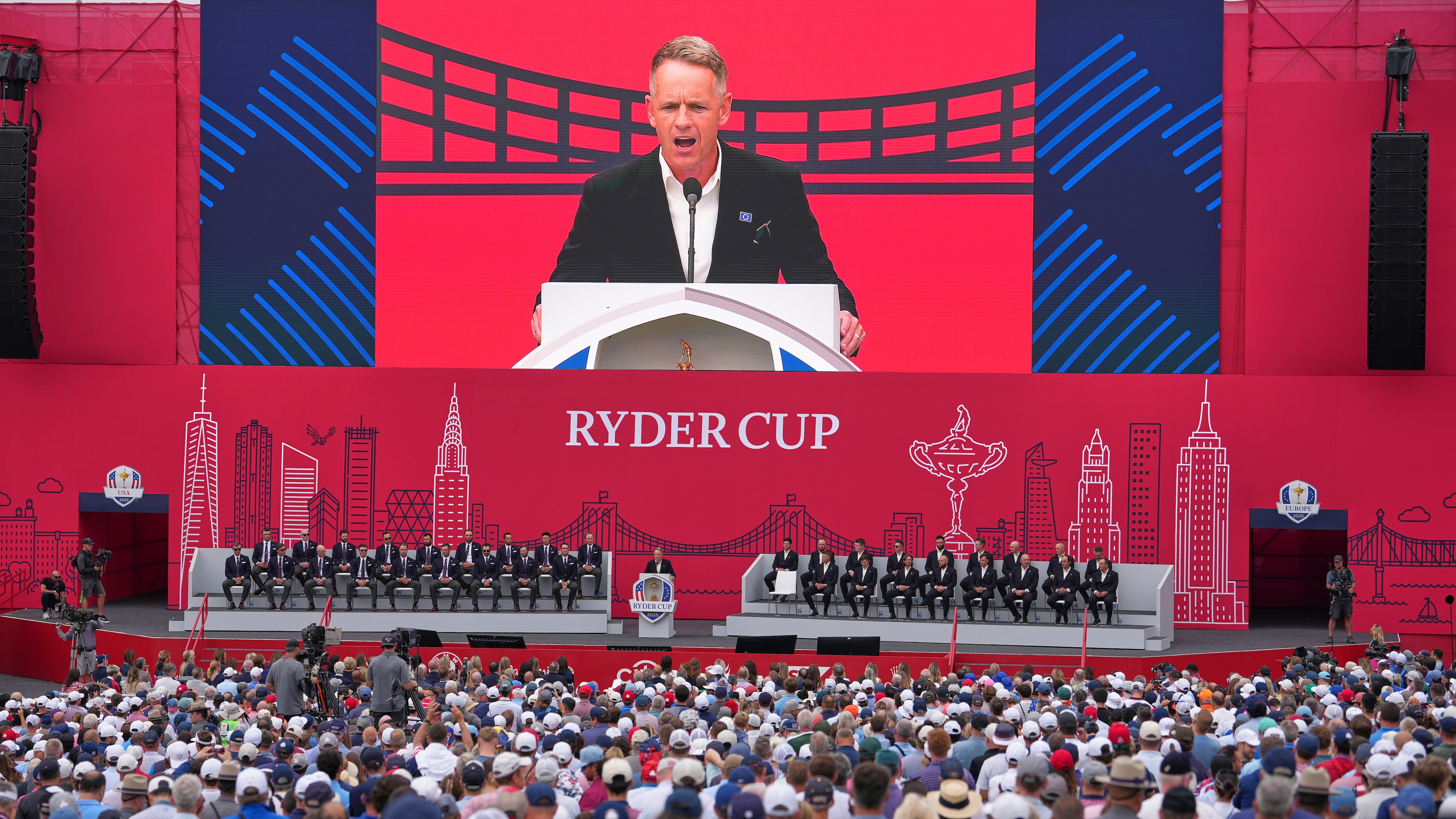 Europe captain Luke Donald speaks during the opening ceremonies for the Ryder Cup golf tournament, Wednesday, Sept. 24, 2025, on the Bethpage Black golf course, in Farmingdale, N.Y. (AP Photo/Matt Slocum)