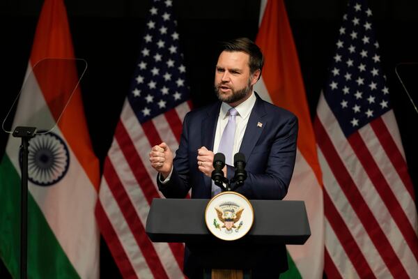 U.S. Vice President JD Vance speaks at the Rajasthan International Center in Jaipur, India, Tuesday, April 22, 2025. (AP Photo/Manish Swarup)