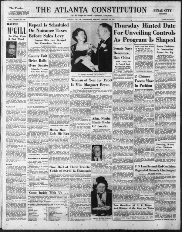 The Atlanta Constitution front page on Jan. 24, 1951.