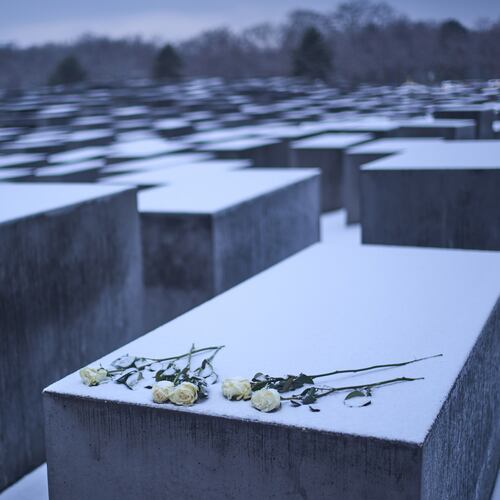 White roses placed on a concrete slab of the Holocaust memorial to mark the International Holocaust Memorial Day in Berlin, Germany, Tuesday, Jan. 27, 2026. (AP Photo/Markus Schreiber)