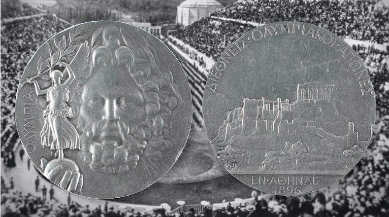 The most valuable medals come from the very first Olympics in modern times, held in Greece in 1896. This first-place medal sold for $180,111 in a July sale by RR Auction of Boston. Photo: courtesy RR Auction