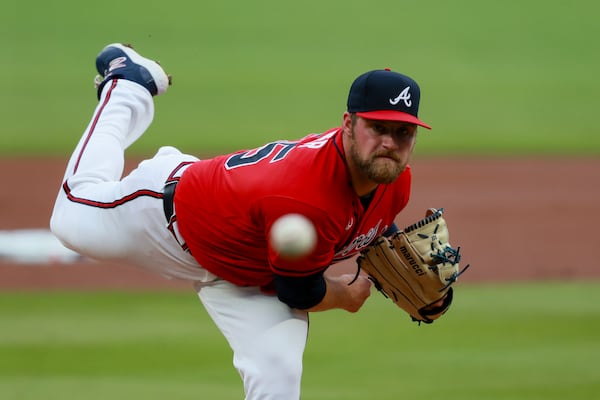 Braves pitcher Bryce Elder delivers against the Nationals at Truist Park on Friday, May 22, 2026, in Atlanta. Elder’s remarkable season just continues rolling along regardless of opponent. (Jason Getz/AJC)