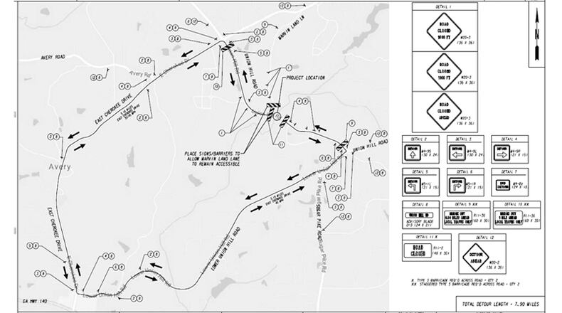 Contractor’s map depicts the closure and detour for Union Hill Road in eastern Cherokee County. The road will be closed to through traffic at Mill Creek for eight months. CHEROKEE COUNTY