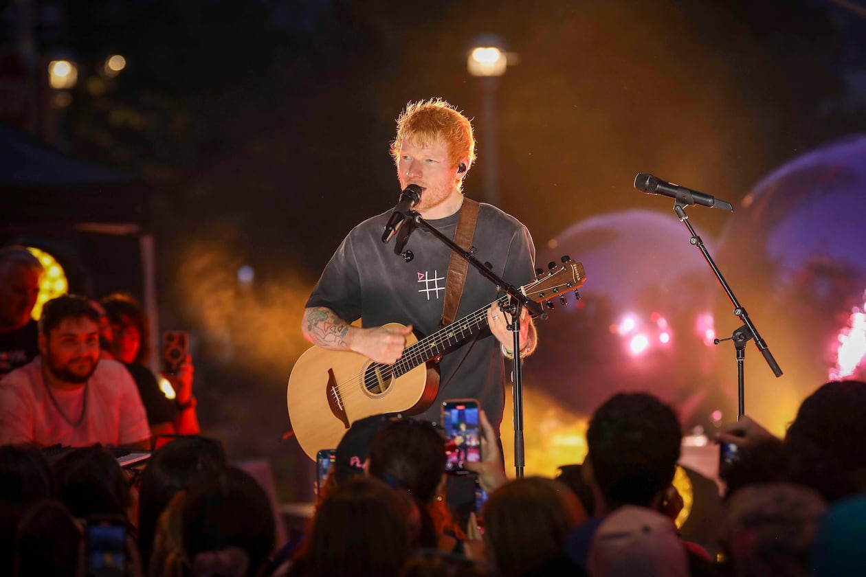 Ed Sheeran — pictured performing in New York in 2025 — will play Mercedes-Benz Stadium in October. (Andy Kropa/AP)